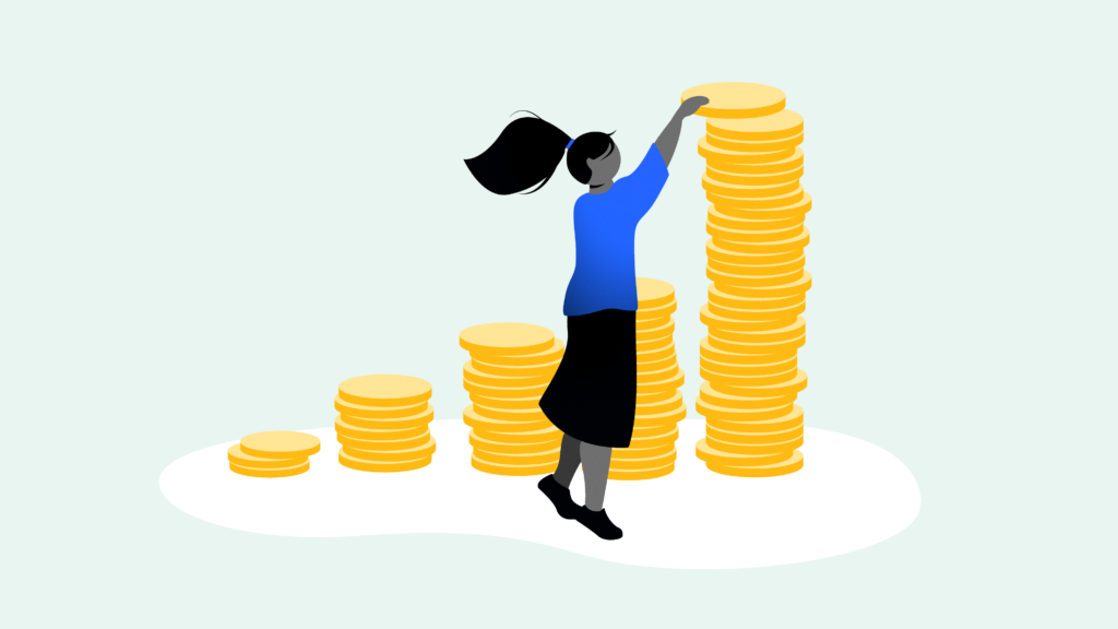Illustrasjon av en kvinne som stabler penger